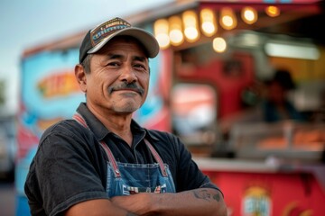 Portrait of a middle aged Mexican male food truck owner