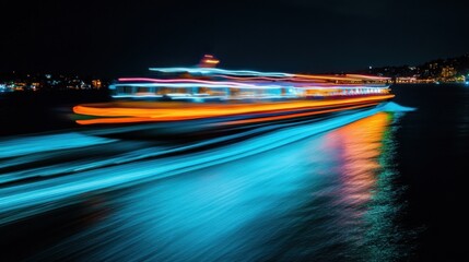 A brightly lit boat moves swiftly across the water at night, creating colorful light trails.