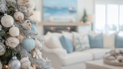 Close-up of a coastal-themed Christmas tree with seashell ornaments in a bright living room.