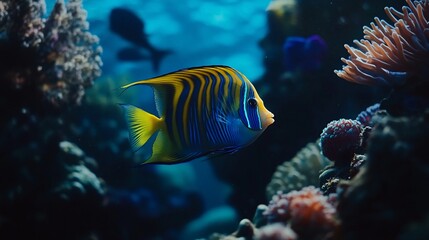Obraz premium Vibrant yellow and blue angelfish swimming amidst coral reef.