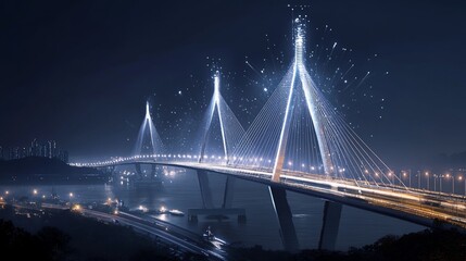 Obraz premium Illuminated cable-stayed bridge at night with fireworks.