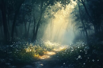 A gentle morning light streams through the trees, illuminating a tranquil path surrounded by vibrant flowers in a lush forest. Generative AI
