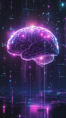 Glowing Human Brain on Dark Purple Neon Background for Artificial Intelligence Concepts