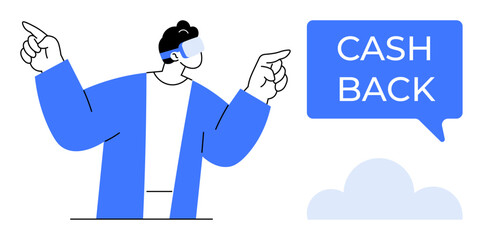 Individual gesturing with both hands, indicating towards a Cash Back speech bubble. Ideal for promotions, savings, financial benefits, reward programs, marketing, consumer incentives, and economic