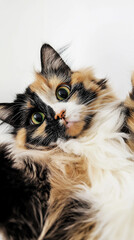 Calico cat with fluffy fur and vibrant patterns in a relaxed and adorable portrait