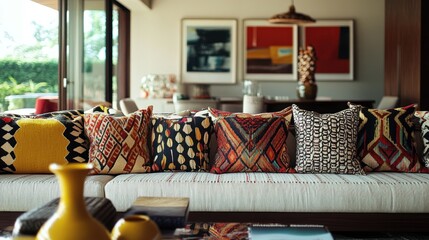 Eclectic patterned pillows enhance a modern living room aesthetic