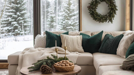 Minimalist interior design of modern cozy livingroom with winter decor
