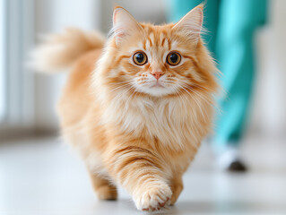 Maine Coon cat in a veterinary studio with a veterinarian on background blurr