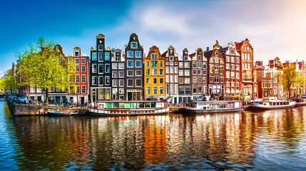 Fototapeta premium Colorful Dutch Houses by the Water in Amsterdam Cityscape