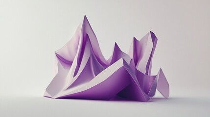 Abstract purple 3D rendered form resembling crumpled fabric or mountains.