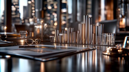 Obraz premium Modern office desk with city skyline background, financial charts, documents, glasses, and candles.