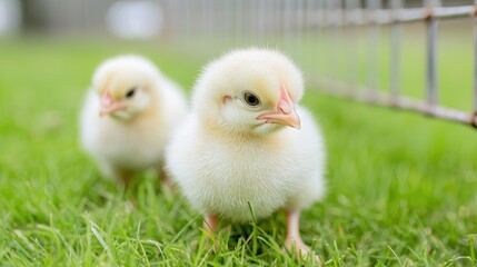 Two fluffy chicks on green grass, near fence