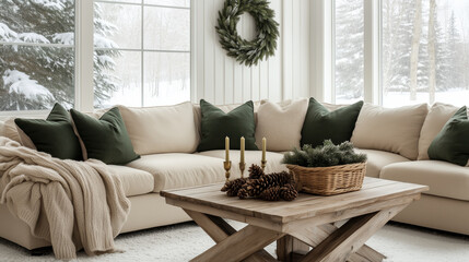 Minimalist interior design of modern cozy livingroom with winter holiday decor
