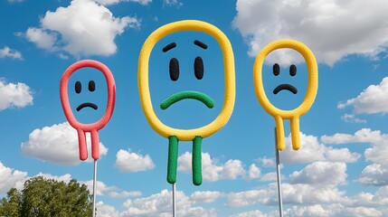 Colorful emotion signs against a blue sky with fluffy clouds