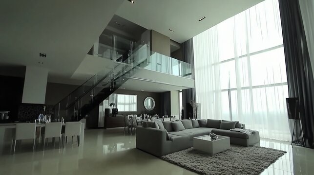 Modern spacious duplex apartment interior with high ceilings, large windows, glass staircase, and contemporary furniture.