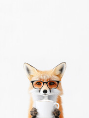 Obraz premium Cute fox with glasses and mug in a quirky woodland setting, focusing on fur and wildlife.