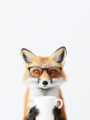 Fototapeta premium Fox with glasses and mug, stylish cartoon illustration of cute orange and white animal