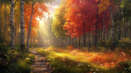 Fototapeta premium Autumn Forest Path: Sunlit Colors and Tranquil Scenery