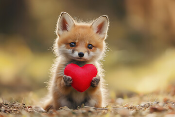 Obraz premium Cute fox holding a heart in a natural forest setting, adorable wildlife creature with fluffy fur