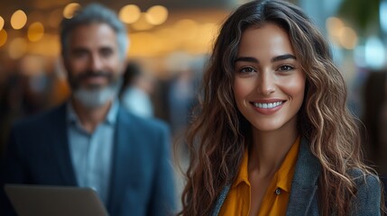 Fototapeta premium Businesswoman holding a laptop smiling while standing next to a business colleague in a professional setting