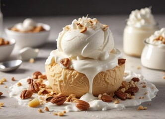 Coconut ice cream with chopped nuts and a dollop of whipped cream on top, creamy treat, chopped nuts, tropical flavors