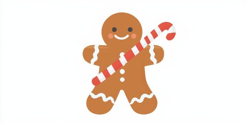 Obraz premium Cute gingerbread man holding a candy cane during the festive holiday season at a cheerful celebration