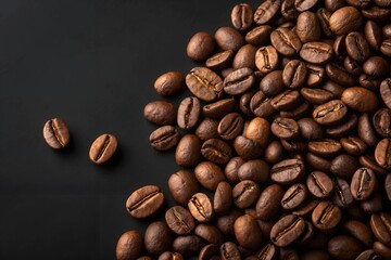 Obraz premium Close-Up of Coffee Beans on Black Background, Showcasing Texture and Shine