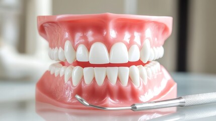 Obraz premium Dental Model with Instrument: A Close-Up of a Realistic Jaw Model Displaying Healthy Teeth and Gums, Along with a Dental Tool.