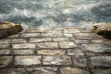 Stone path meets ocean waves; sunset. Background Water. Use Background