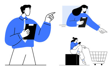 Three professional figures, one holding a clipboard and pointing, another pointing behind a desk with clipboard, and a person sitting on a box with a shopping cart. Ideal for project management