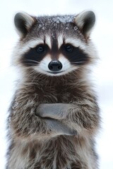 Fototapeta premium A curious raccoon standing in the snow, showcasing its playful demeanor in a winter landscape