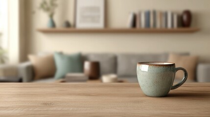 Fototapeta premium A cozy scene featuring a mug on a wooden table, with a soft living room backdrop.