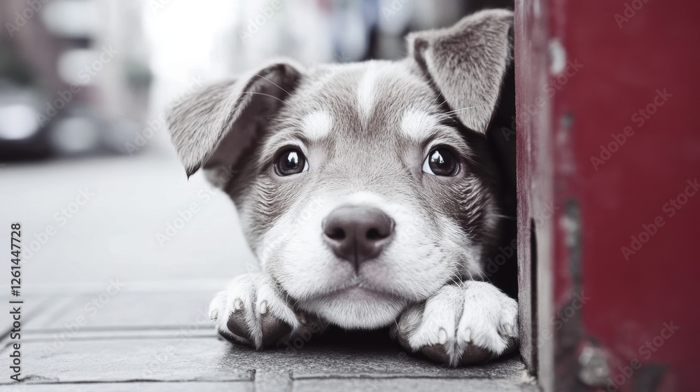 Wall mural Finding homes for dogs and cats, A close-up of a playful puppy resting its head on the ground with an adorable expression.