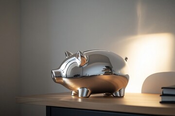 Shiny silver piggy bank sits on a wooden surface, illuminated by sunlight.