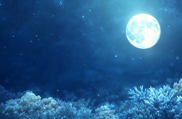 Full moon shining over a snowy winter landscape at night.