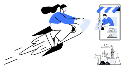 Person riding a rocket towards an online shop displayed on a smartphone, depicting productivity and speed in urban settings. Ideal for e-commerce, technology, delivery services, business growth