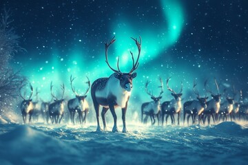 Reindeer herd under aurora borealis, snowy landscape, winter night, Christmas card