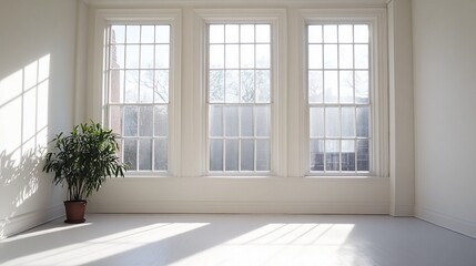Fototapeta premium Sunlit empty room with three large windows and a potted plant.