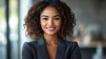 Obraz premium Businesswoman standing confidently while holding a report smiling in a modern suit on a transparent background