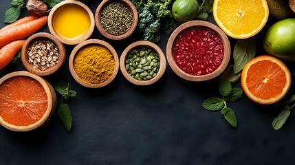 Colorful spices, herbs, citrus fruits and fresh vegetables in wooden bowls arranged on dark background. Fresh organic ingredients for healthy cooking and seasoning.