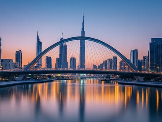 Fototapeta premium Scenic sunset view of a modern city skyline with a bridge reflecting in calm water.