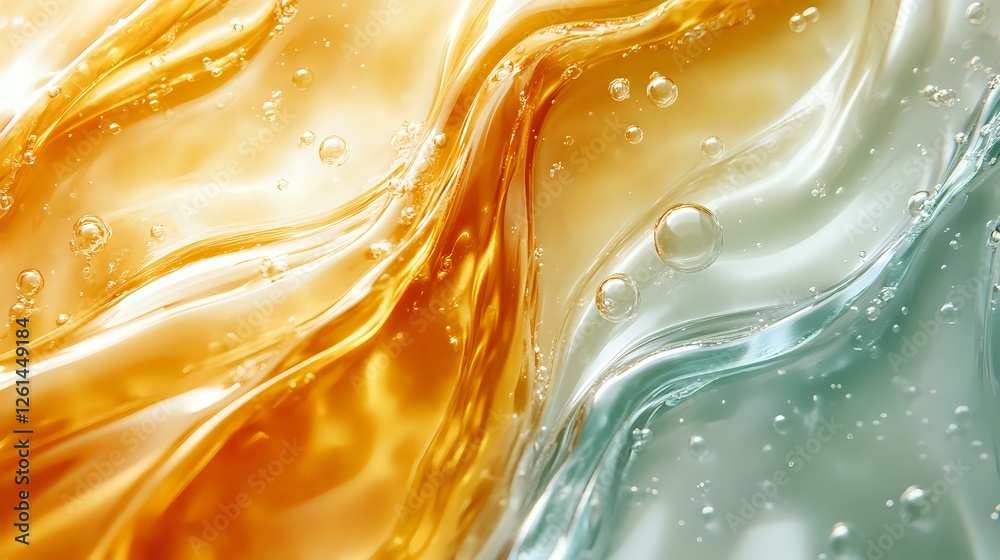 Poster flowing liquid abstract background with golden orange and turquoise colors merging in wavy pattern w