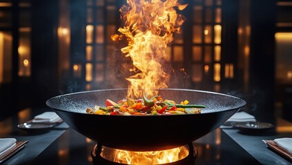Flamb?ed Vegetable Stir-Fry in a Wok, a Culinary Masterpiece