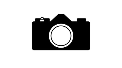 A simple, mechanical, single-lens reflex, film camera; line drawing icon; illustration
