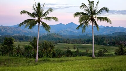 Lush Green Rice Fields with Palm Trees and Scenic Mountain View