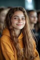 Young Caucasian woman with freckles and long wavy brown hair wearing yellow hoodie smiling at camera. Natural soft lighting creates warm atmosphere for lifestyle portrait.