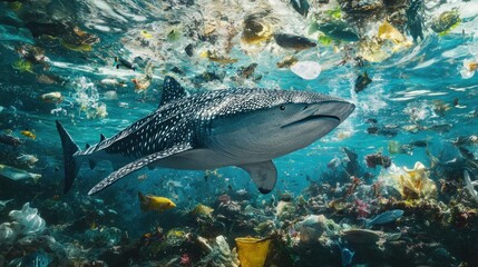 Fototapeta premium Whale shark amidst ocean plastic debris reflecting a disturbing environmental issue