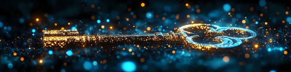 Magical glowing key with sparkles and blue bokeh lights on dark background, fantasy concept for dreams, wishes and imagination.