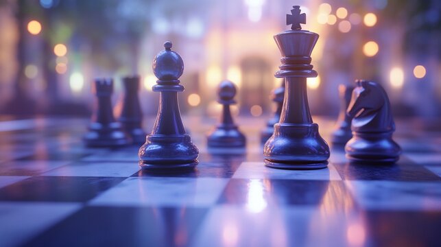 Close-up of metallic chess pieces on a marble board at night, with blurred city lights in the background.