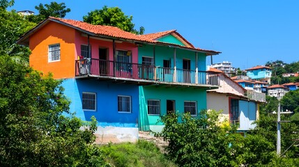 Fototapeta premium Vibrant Colorful Houses Overlooking Green Landscape under Blue Sky
